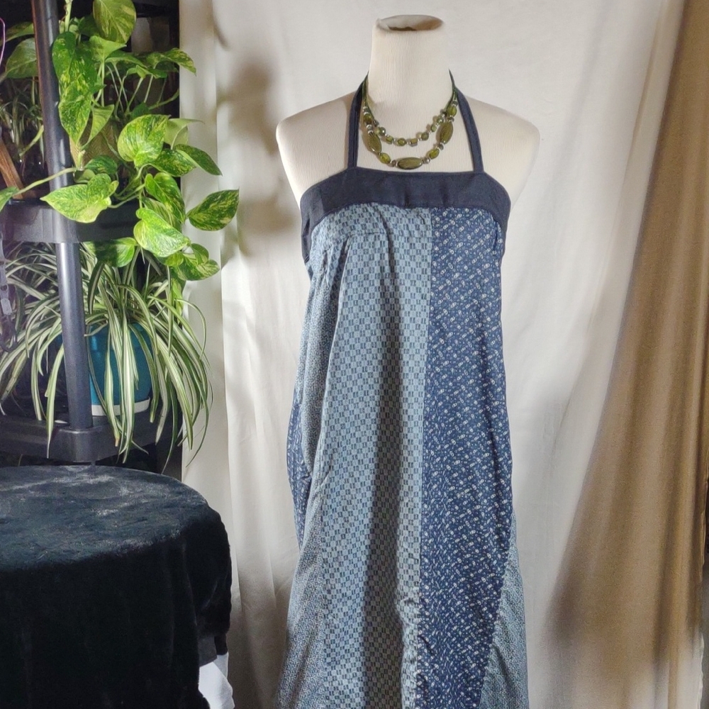 NWOT VTG Handmade Bohemian Hippie Blue Patchwork Maxi Halter Dress - Size M/L